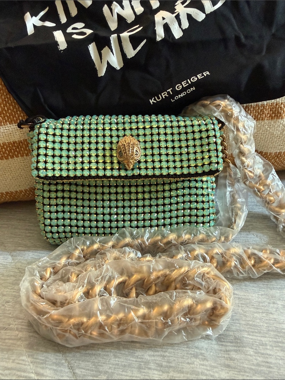 Kurt Geiger Green Crystal-Embellished Party Mini Bag with Gold-Tone Hardware NWT